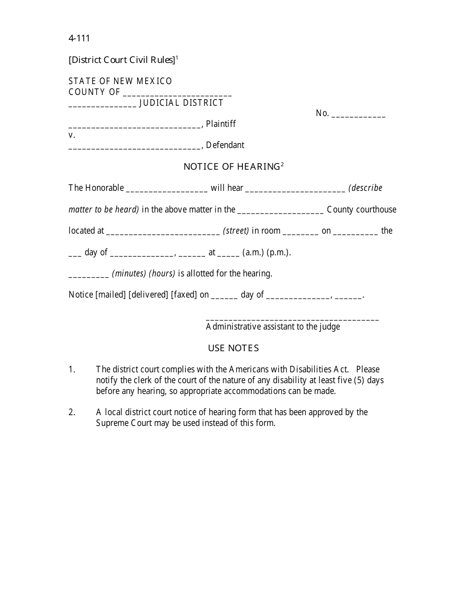 Form 4-111 Notice of Hearing - New Mexico, Page 1