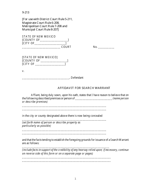 Form 9-213 Affidavit for Search Warrant - New Mexico