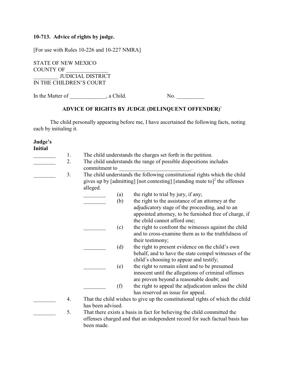 Form 10-713 Advice of Rights by Judge (Delinquent Offender) - New Mexico, Page 1