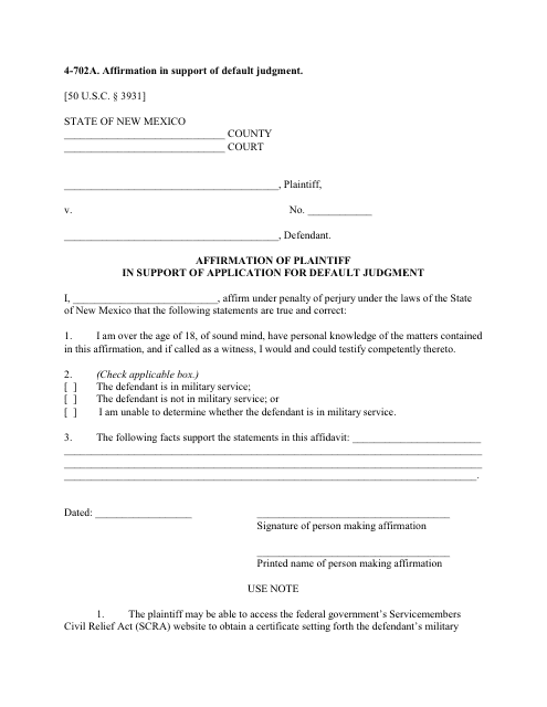 Form 4-702A Affirmation of Plaintiff in Support of Application for Default Judgment - New Mexico