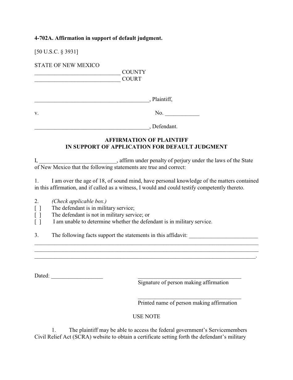 Form 4-702A Affirmation of Plaintiff in Support of Application for Default Judgment - New Mexico, Page 1