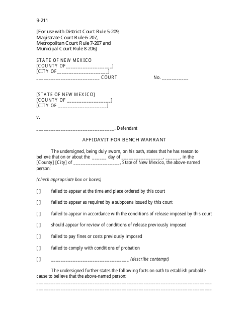 Form 9-211 Affidavit for Bench Warrant - New Mexico