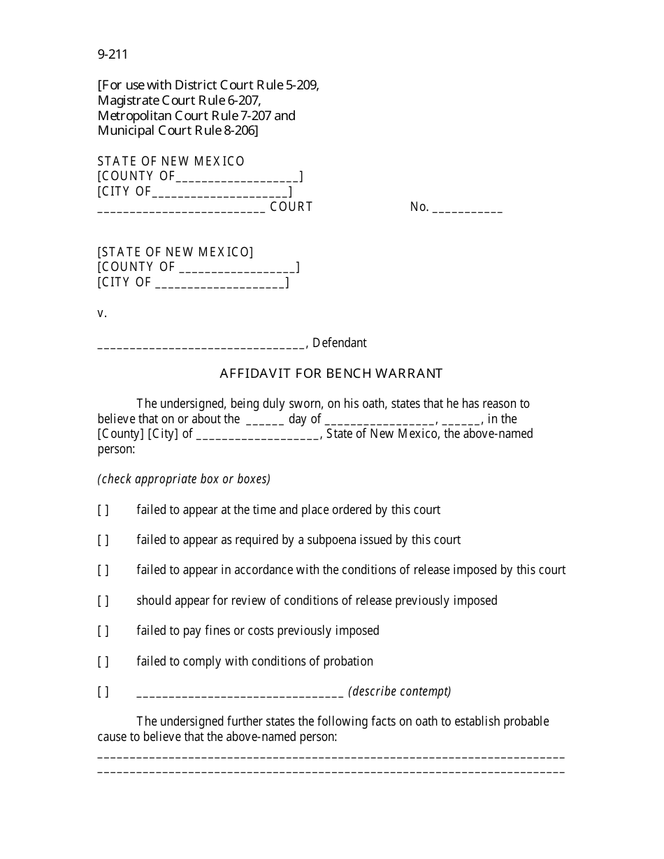 Form 9-211 Affidavit for Bench Warrant - New Mexico, Page 1
