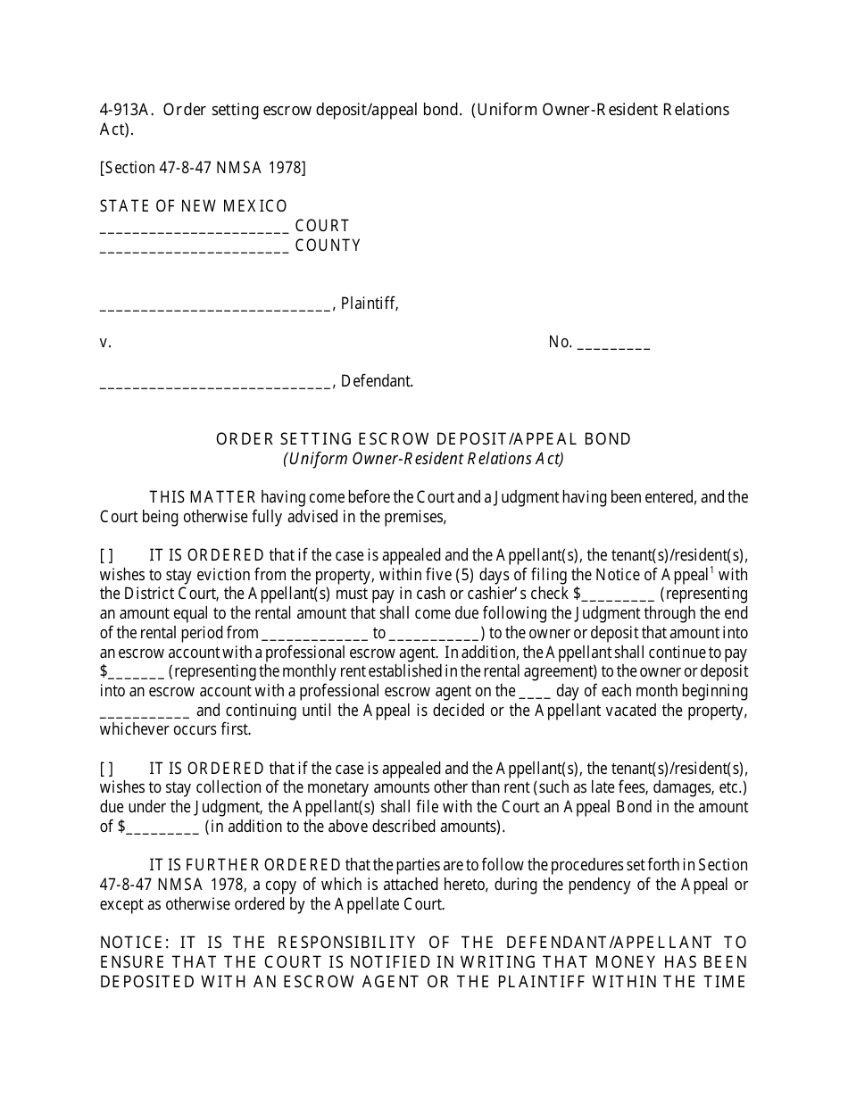 Form 4-913A Order Setting Escrow Deposit / Appeal Bond - New Mexico, Page 1