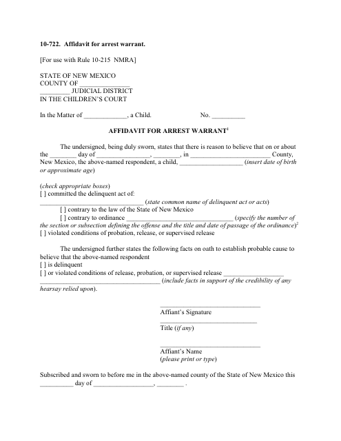Form 10-722 Affidavit for Arrest Warrant - New Mexico