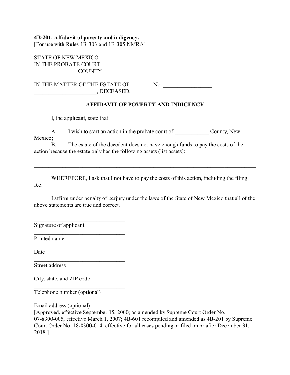 Form 4B-201 Affidavit of Poverty and Indigency - New Mexico, Page 1