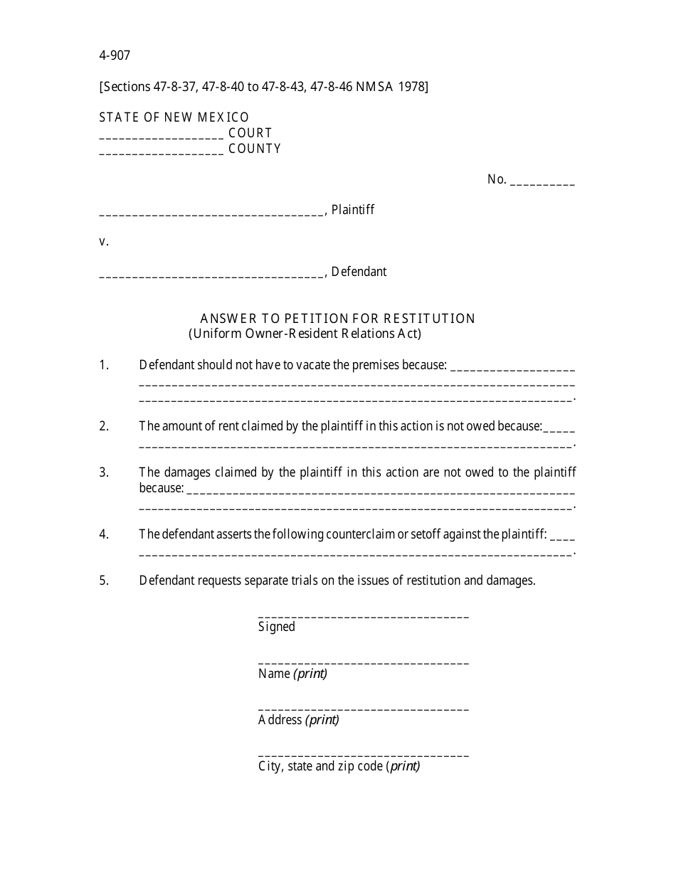 Form 4-907 Answer to Petition for Restitution (Uniform Owner-Resident Relations Act) - New Mexico, Page 1