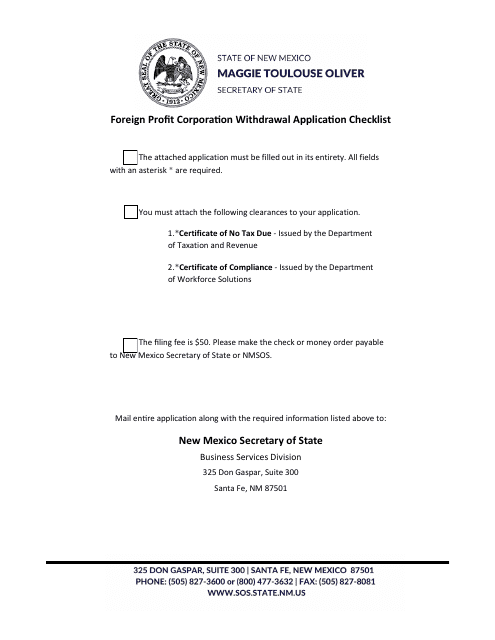 Foreign Profit Corporation Application for Certificate of Withdrawal - New Mexico Download Pdf