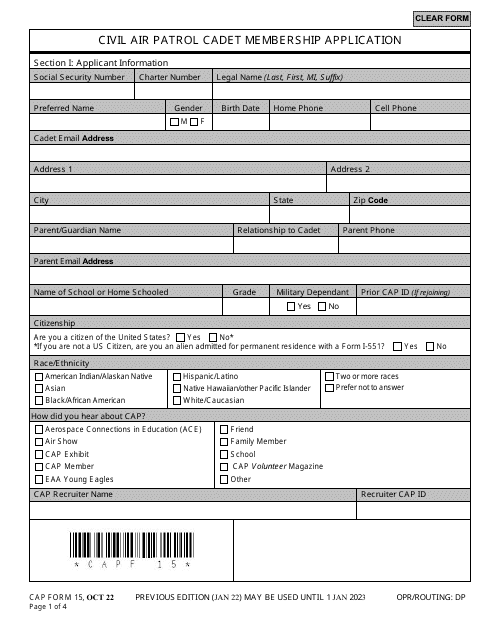 CAP Form 15 Civil Air Patrol Cadet Membership Application