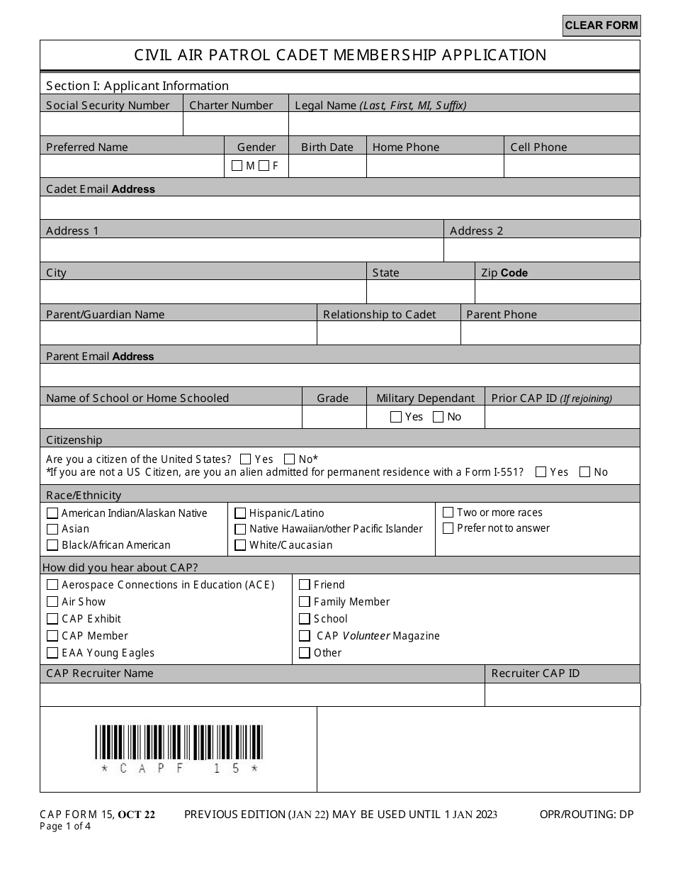 CAP Form 15 Civil Air Patrol Cadet Membership Application, Page 1
