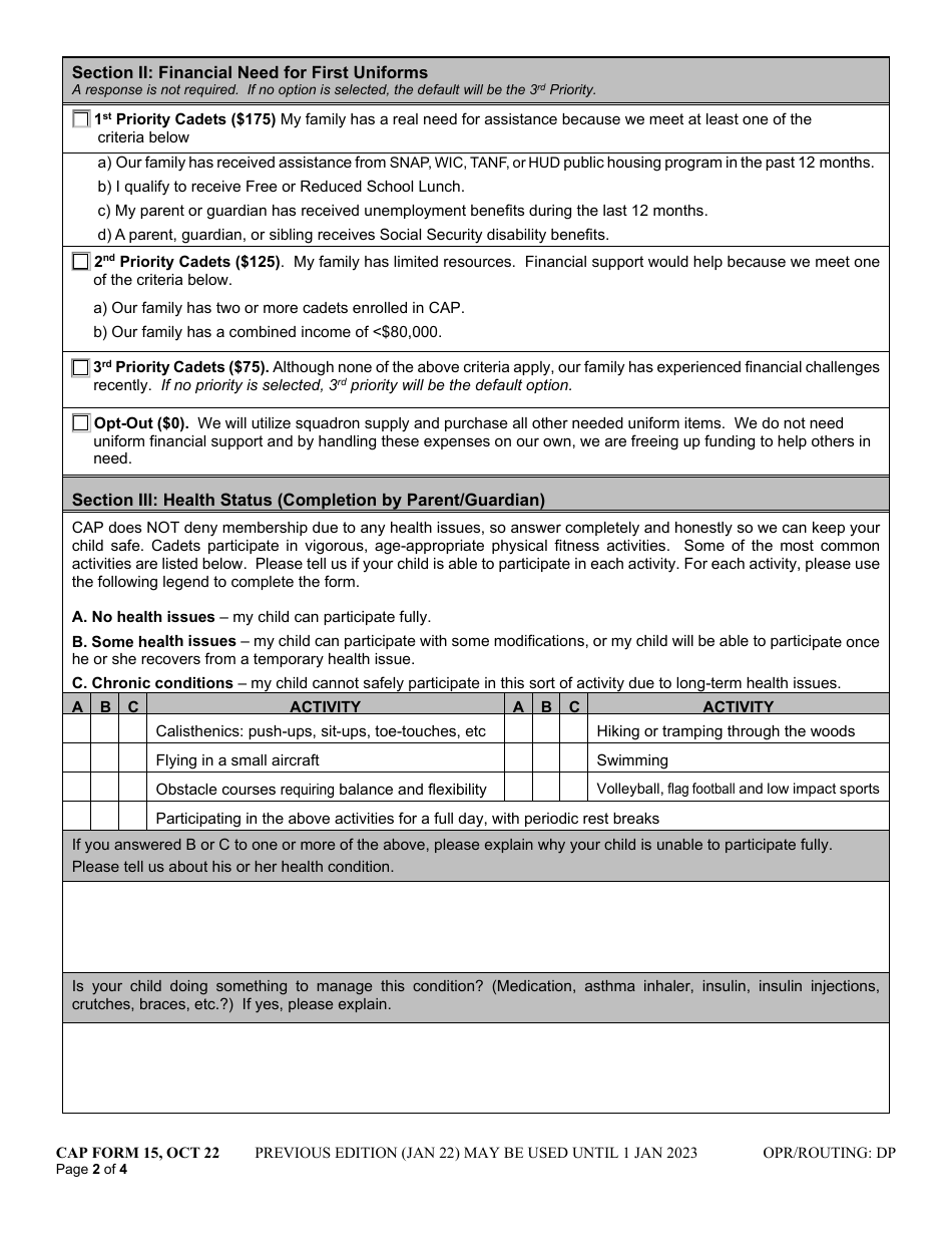 CAP Form 15 Civil Air Patrol Cadet Membership Application, Page 2