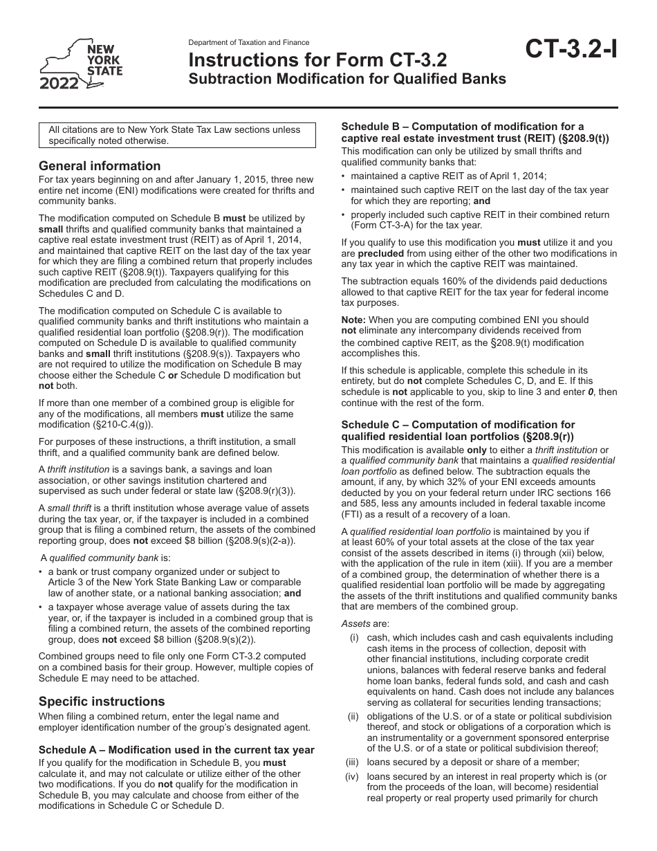 Instructions for Form CT-3.2 Subtraction Modification for Qualified Banks - New York, Page 1