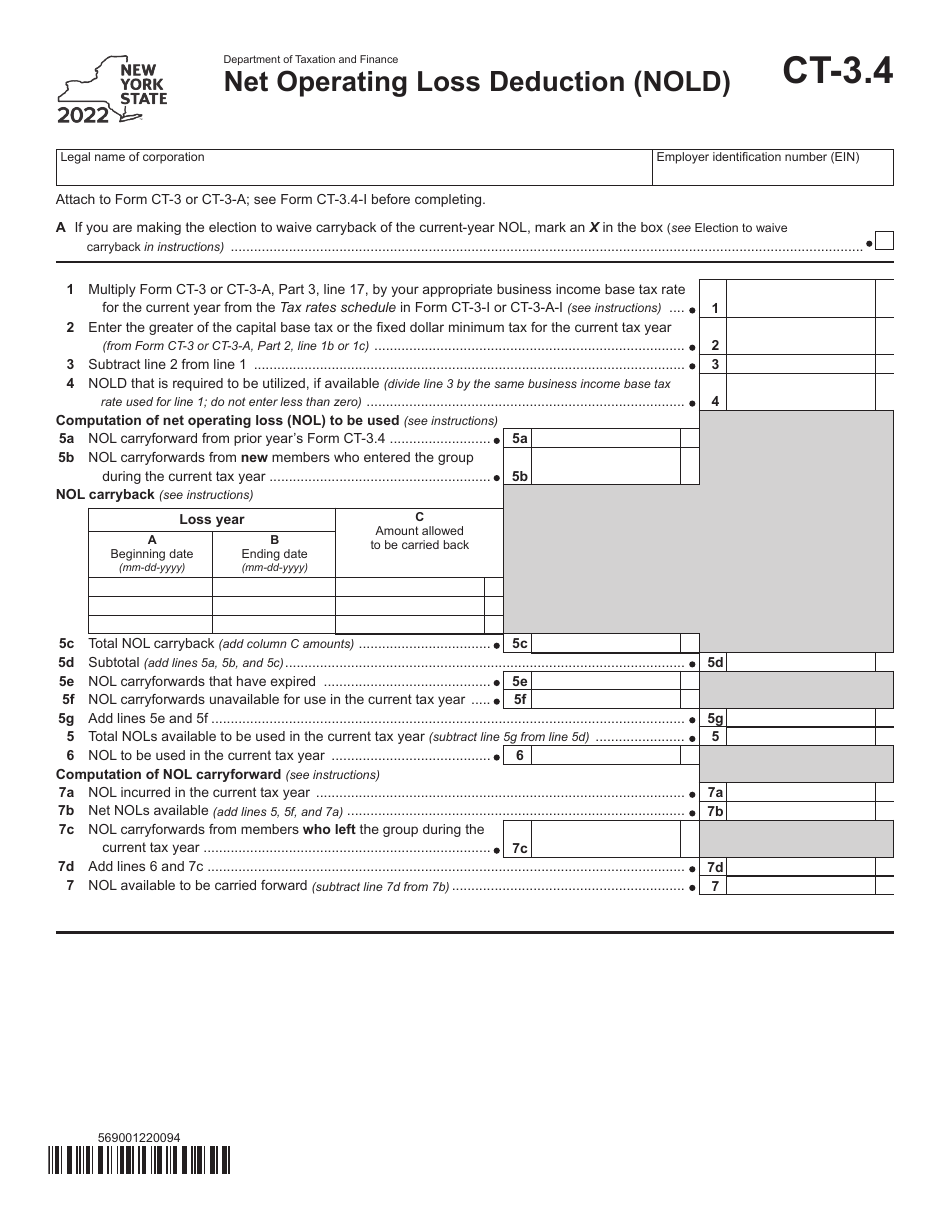 Form CT-3.4 Net Operating Loss Deduction (Nold) - New York, Page 1