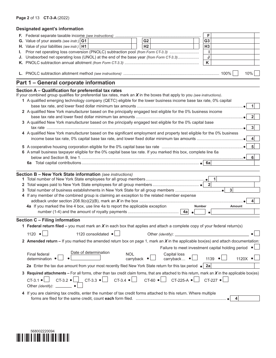 Form CT-3-A General Business Corporation Combined Franchise Tax Return - New York, Page 2