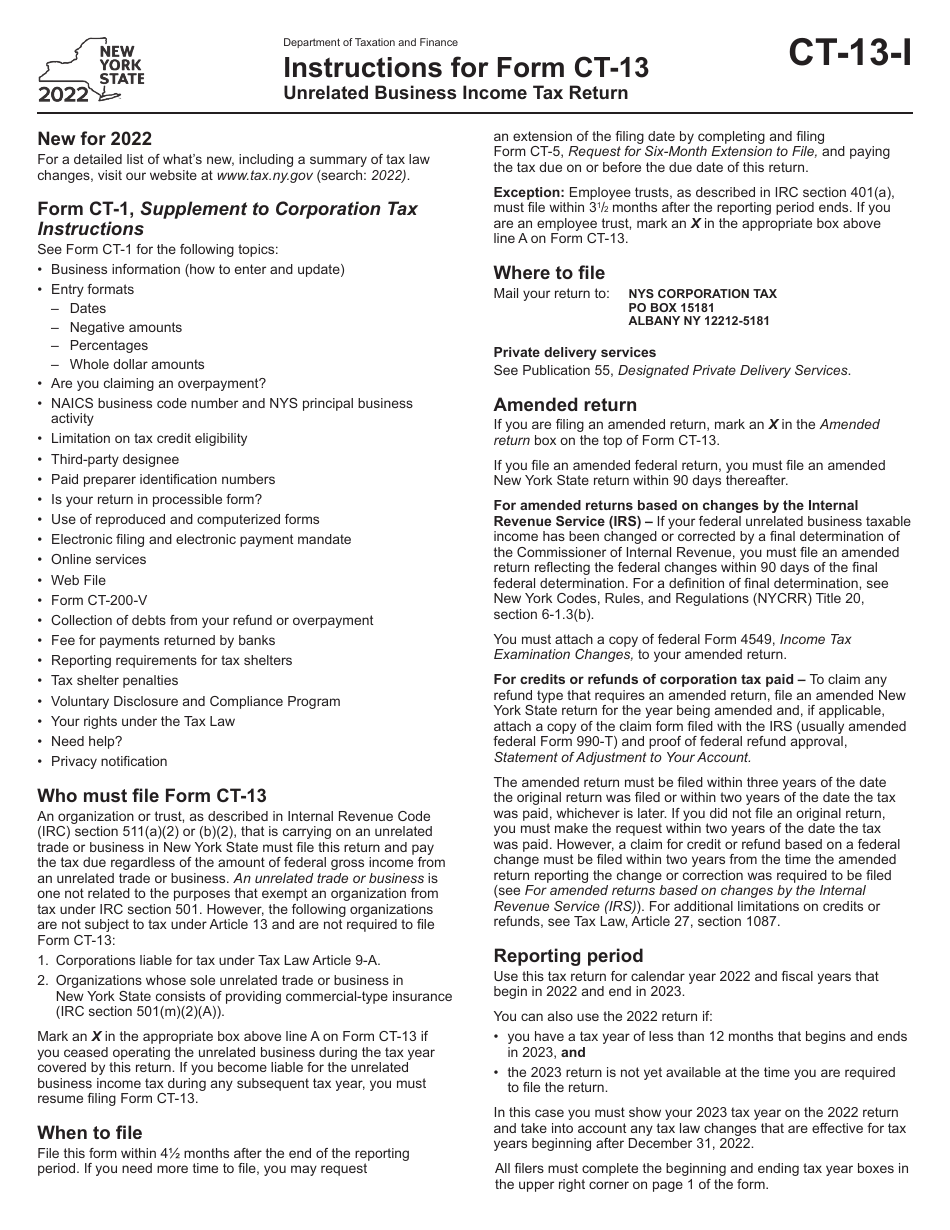 Instructions for Form CT-13 Unrelated Business Income Tax Return - New York, Page 1