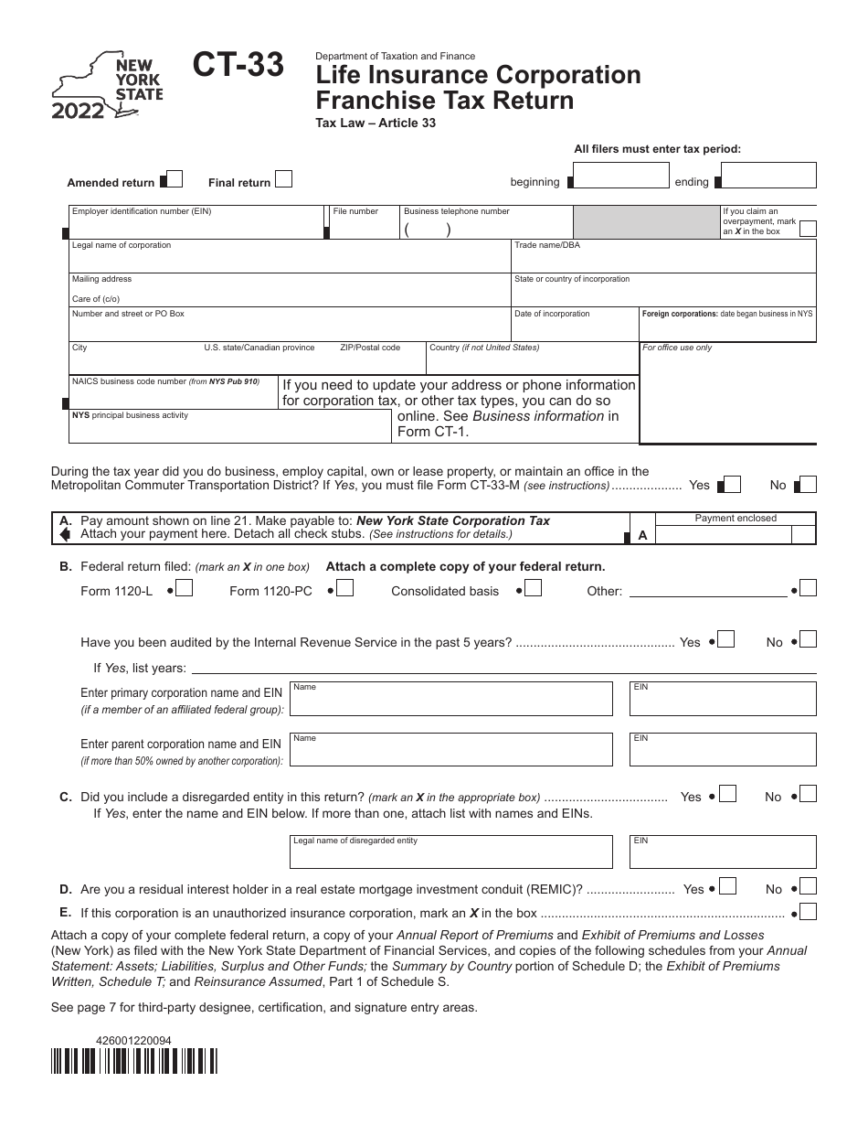 Form CT-33 Life Insurance Corporation Franchise Tax Return - New York, Page 1