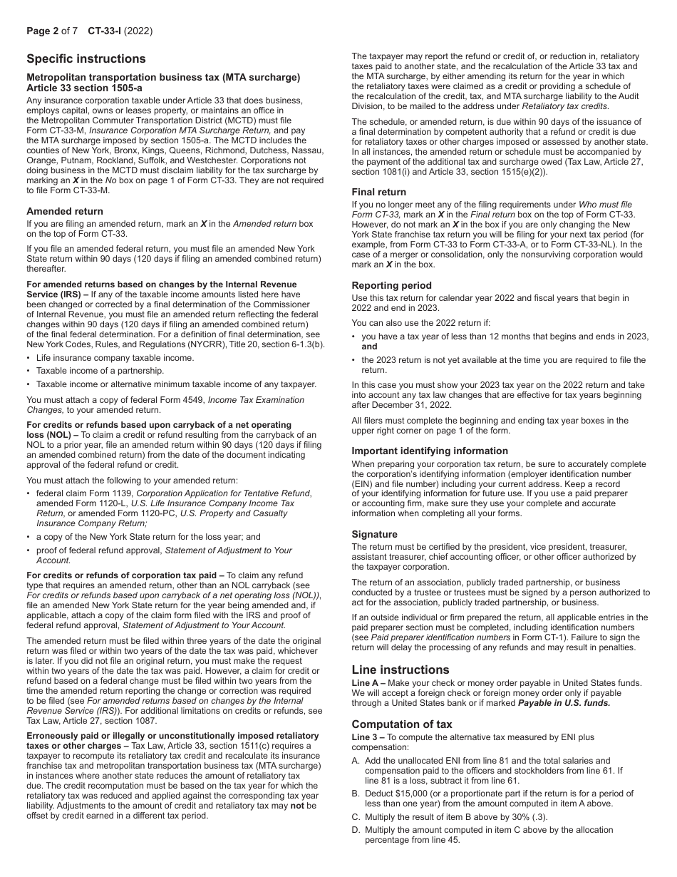 Instructions for Form CT-33 Life Insurance Corporation Franchise Tax Return - New York, Page 2
