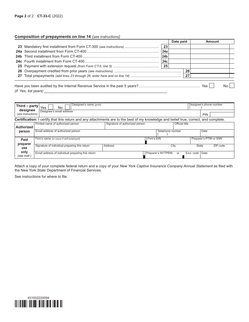 Form CT-33-C Captive Insurance Company Franchise Tax Return - New York, Page 2
