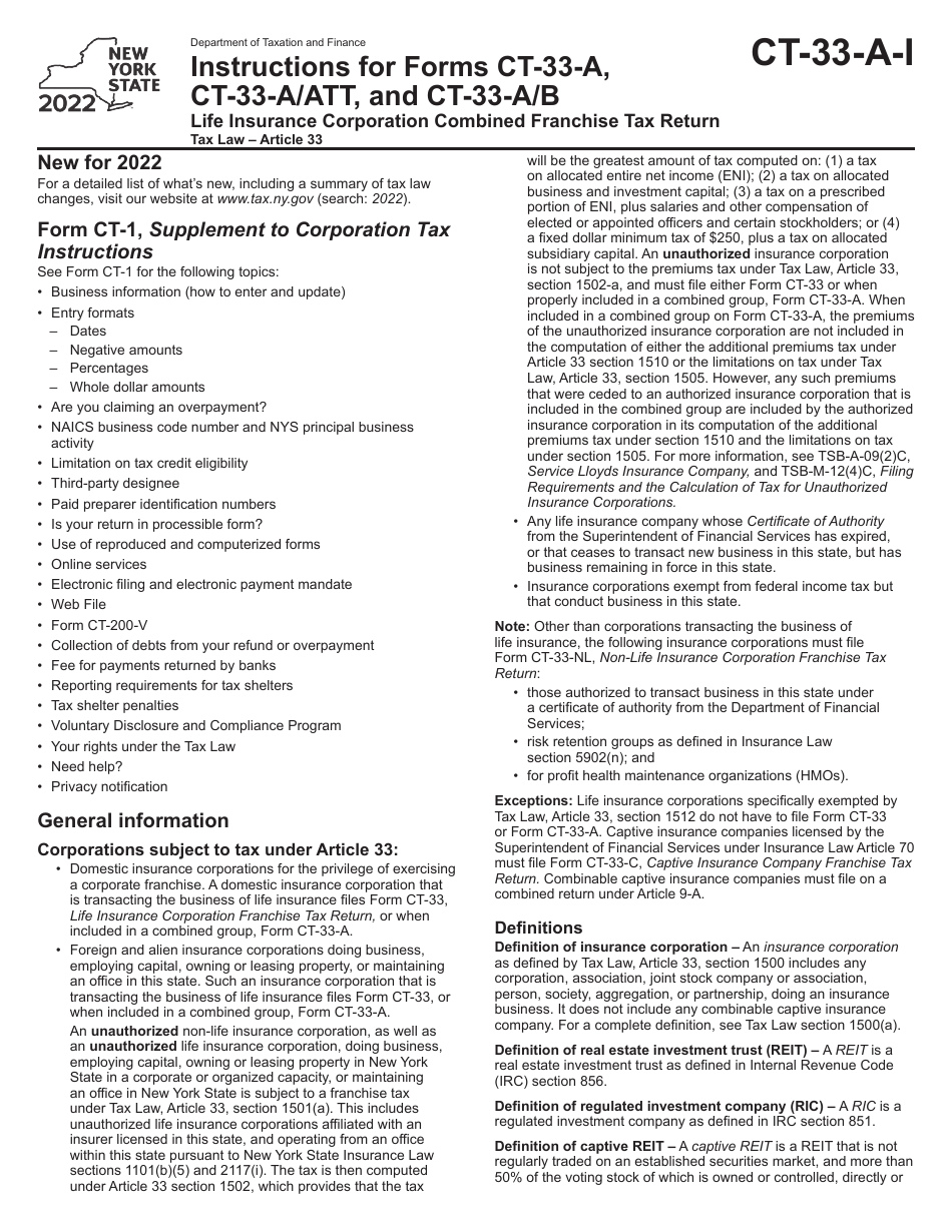 Instructions for Form CT-33-A, CT-33-A / ATT, CT-33-A / B - New York, Page 1