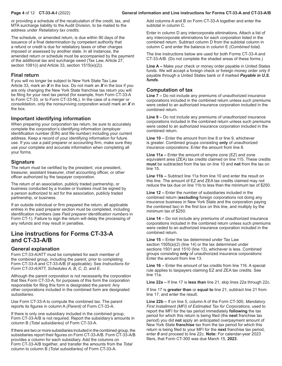 Instructions for Form CT-33-A, CT-33-A / ATT, CT-33-A / B - New York, Page 4