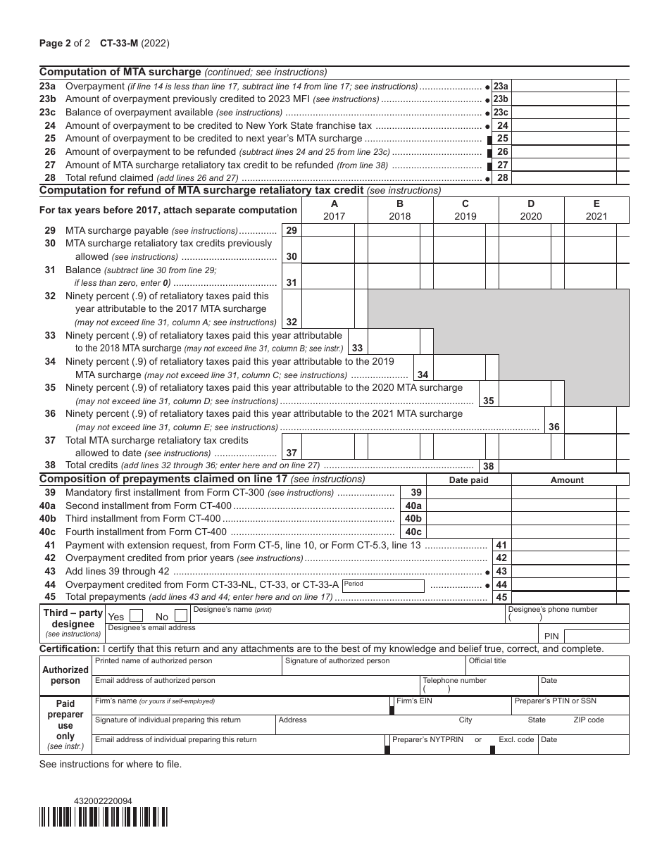 Form CT-33-M Insurance Corporation Mta Surcharge Return - New York, Page 2