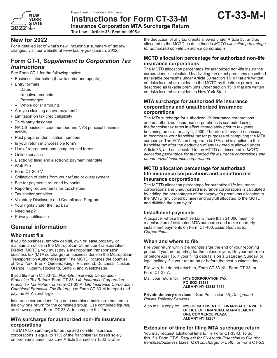 Instructions for Form CT-33-M Insurance Corporation Mta Surcharge Return - New York, Page 1