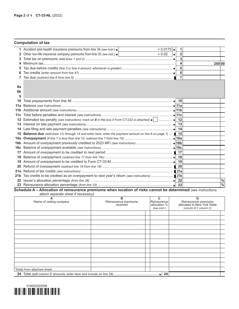 Form CT-33-NL Non-life Insurance Corporation Franchise Tax Return - New York, Page 2