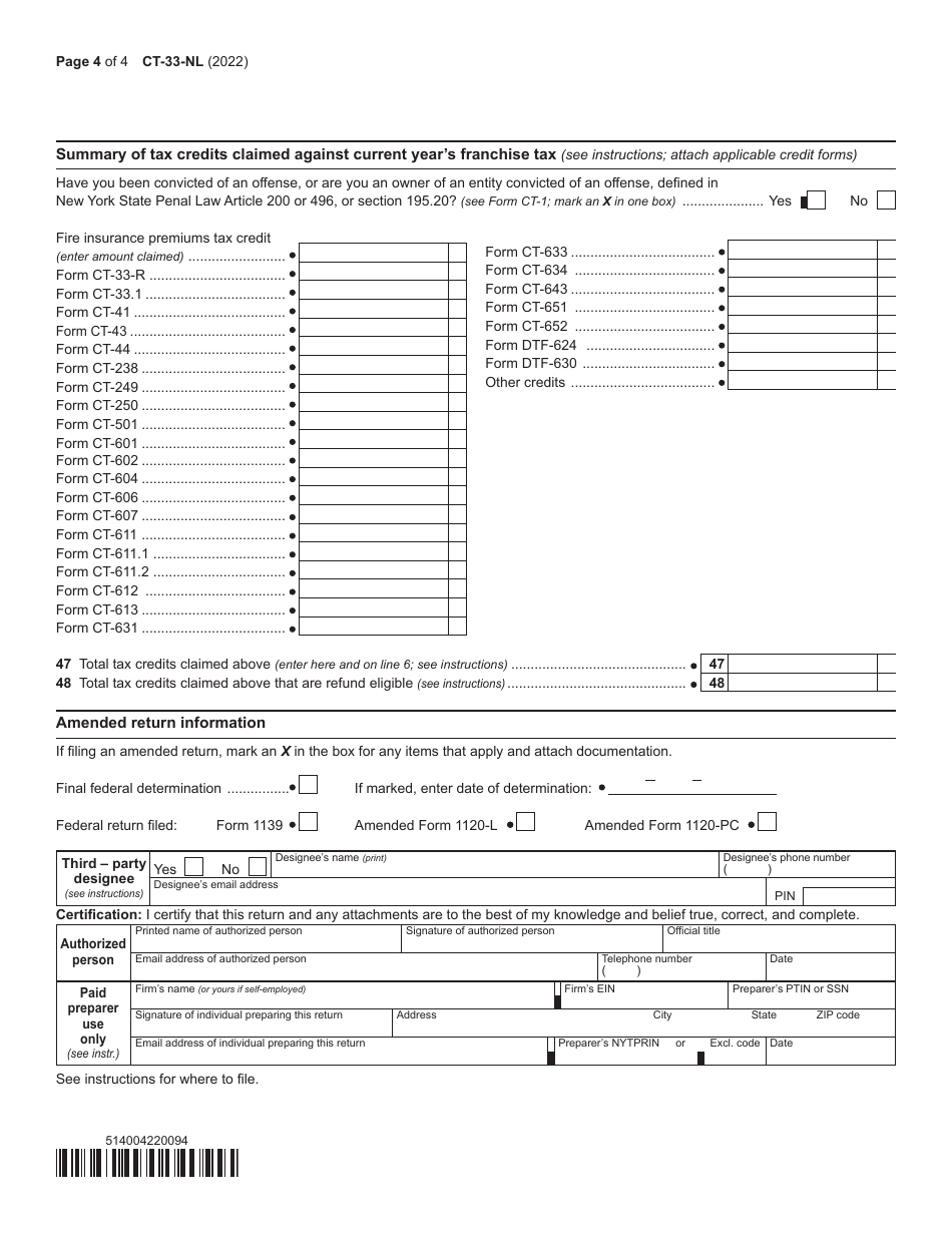 Form CT-33-NL Non-life Insurance Corporation Franchise Tax Return - New York, Page 4