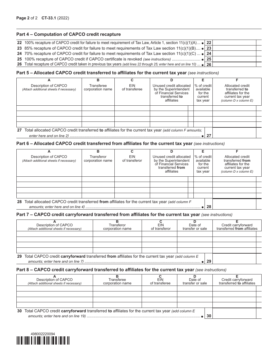 Form CT-33.1 Claim for Capco Credit - New York, Page 2