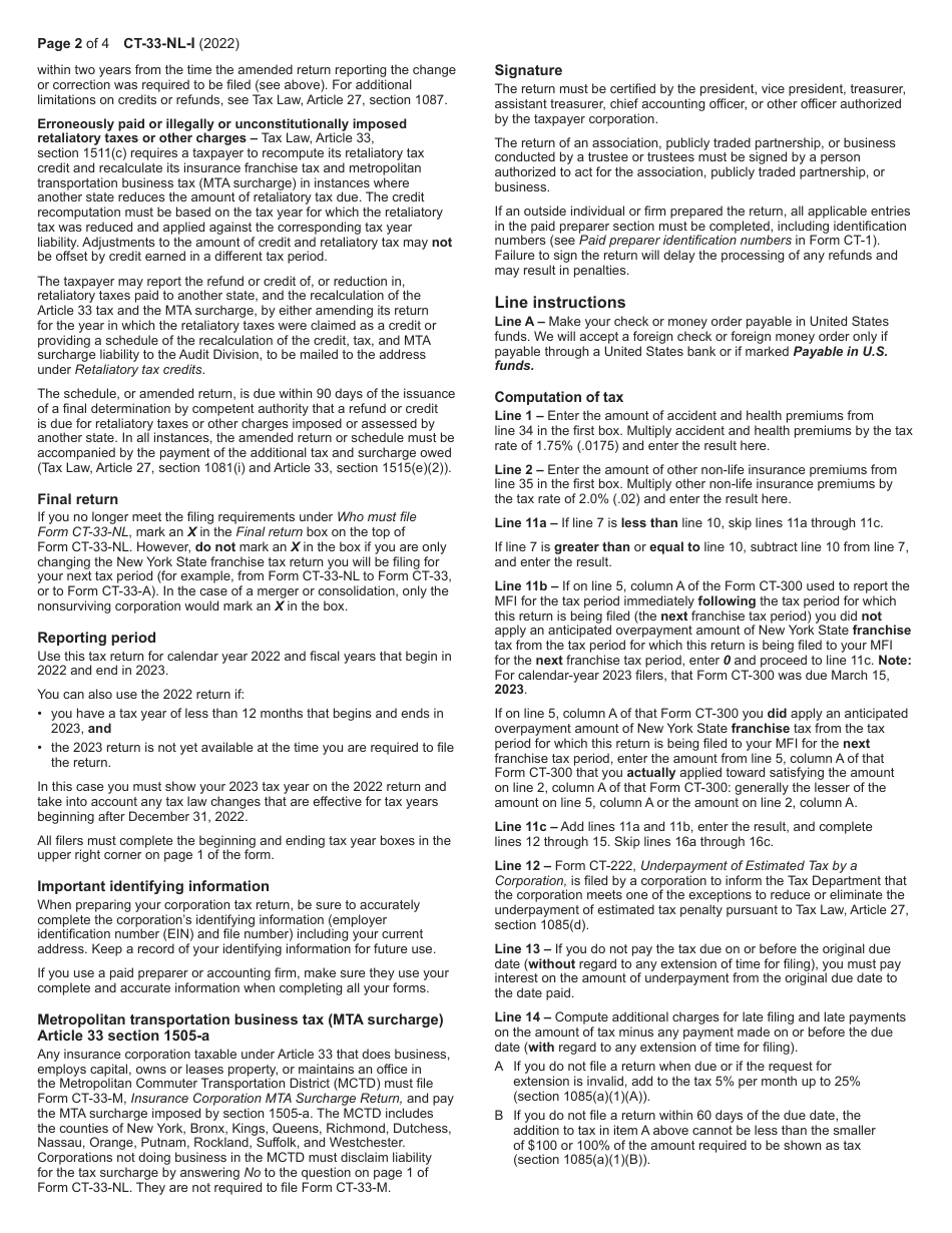 Instructions for Form CT-33-NL Non-life Insurance Corporation Franchise Tax Return - New York, Page 2