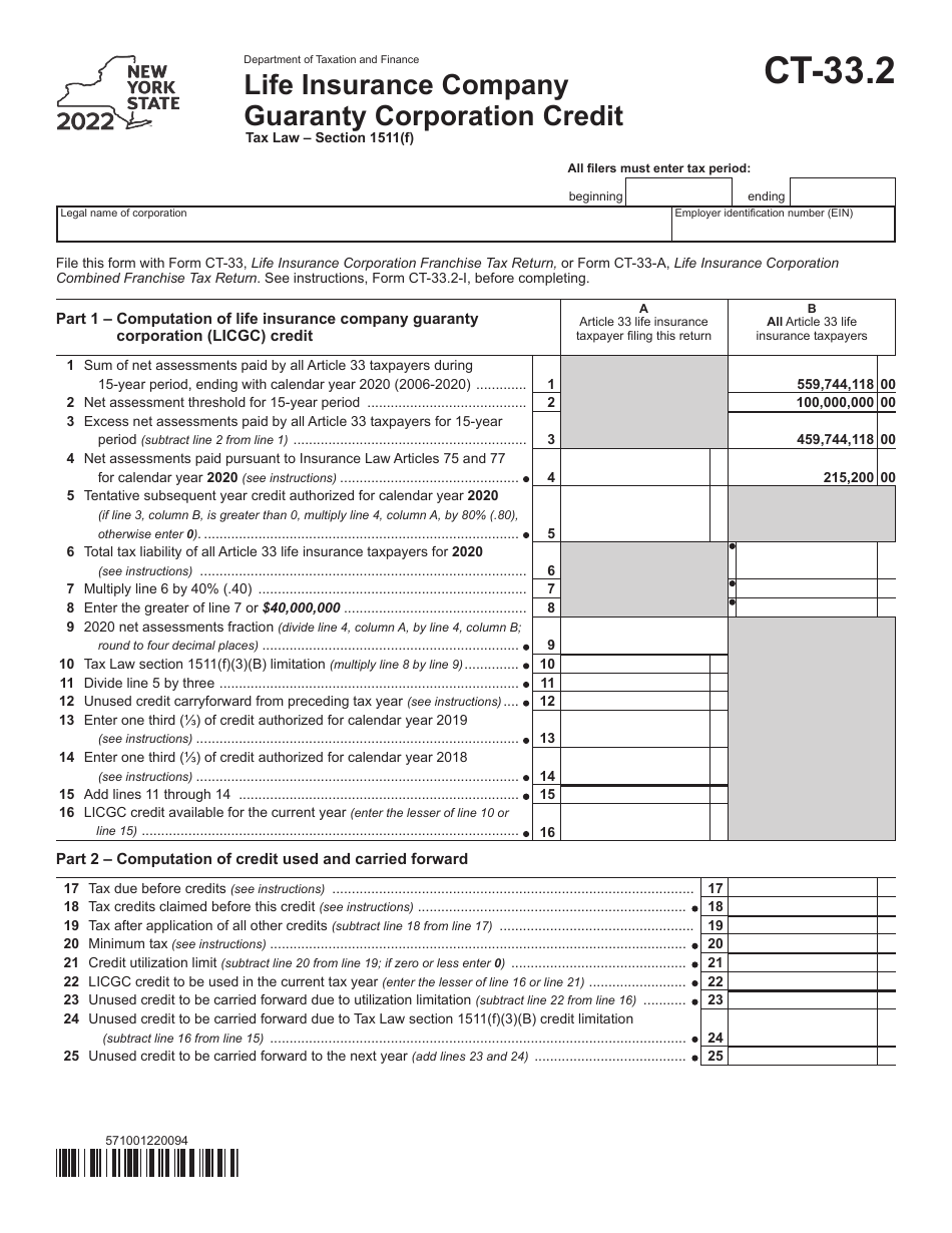 Form CT-33.2 Life Insurance Company Guaranty Corporation Credit - New York, Page 1