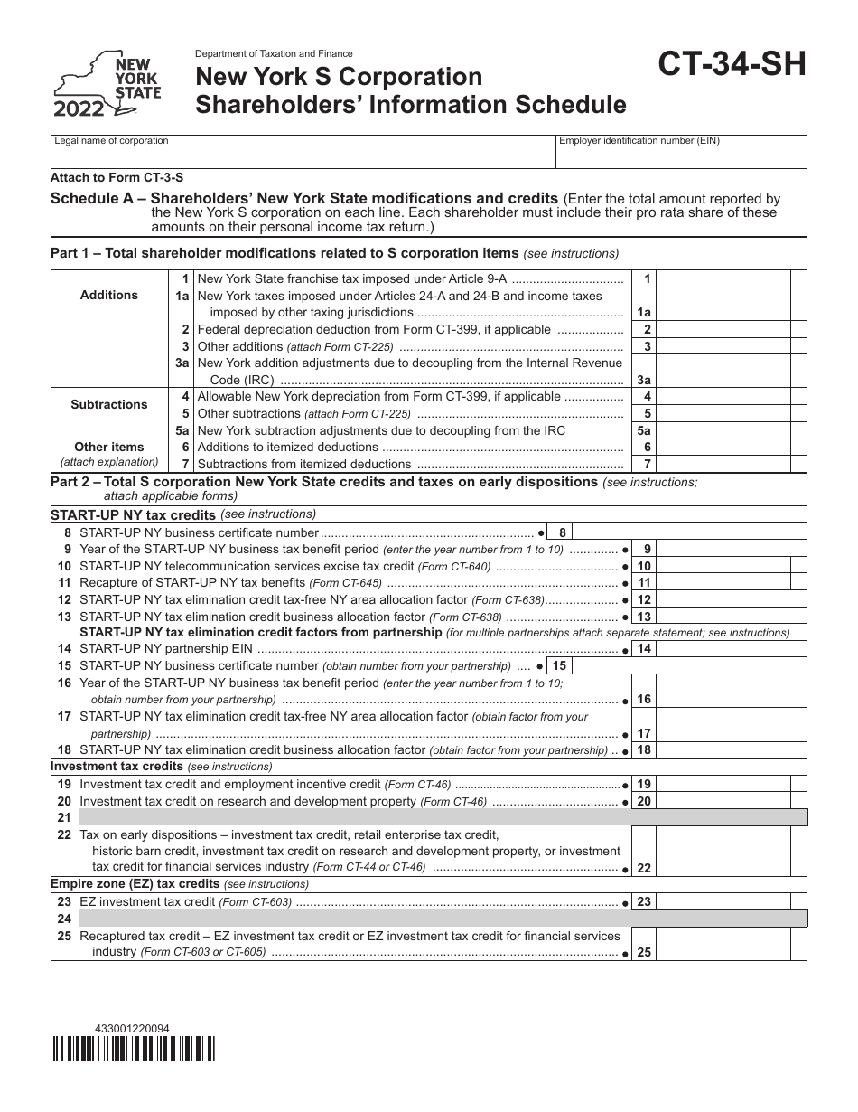 Form CT-34-SH New York S Corporation Shareholders Information Schedule - New York, Page 1