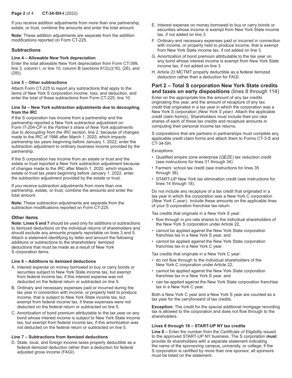 Instructions for Form CT-34-SH New York S Corporation Shareholders Information Schedule - New York, Page 2