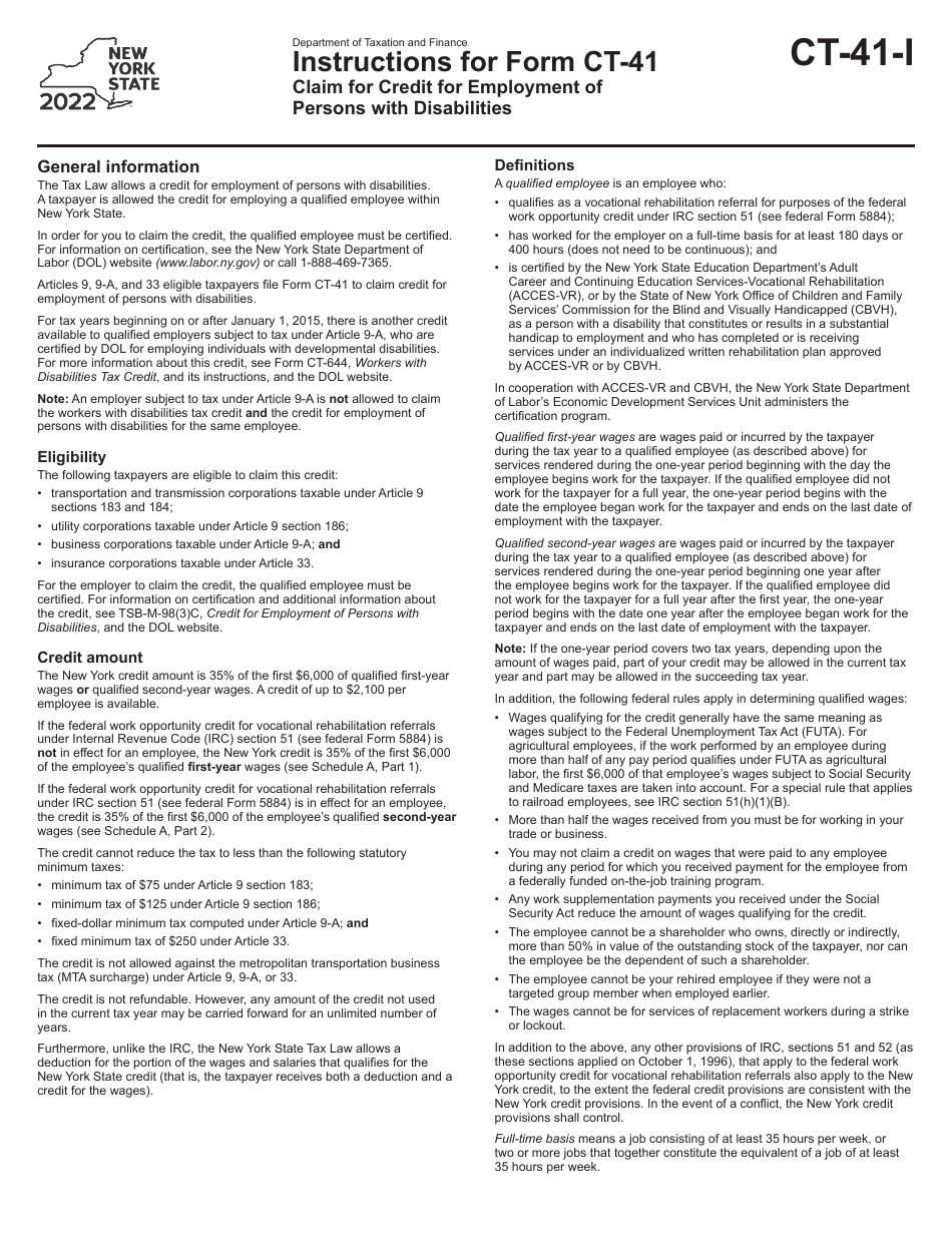 Instructions for Form CT-41 Claim for Credit for Employment of Persons With Disabilities - New York, Page 1