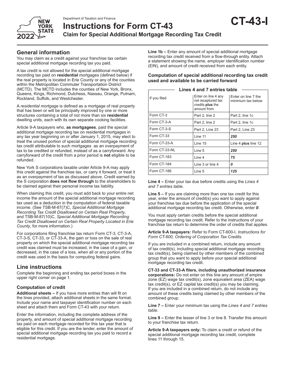 Instructions for Form CT-43 Claim for Special Additional Mortgage Recording Tax Credit - New York, Page 1