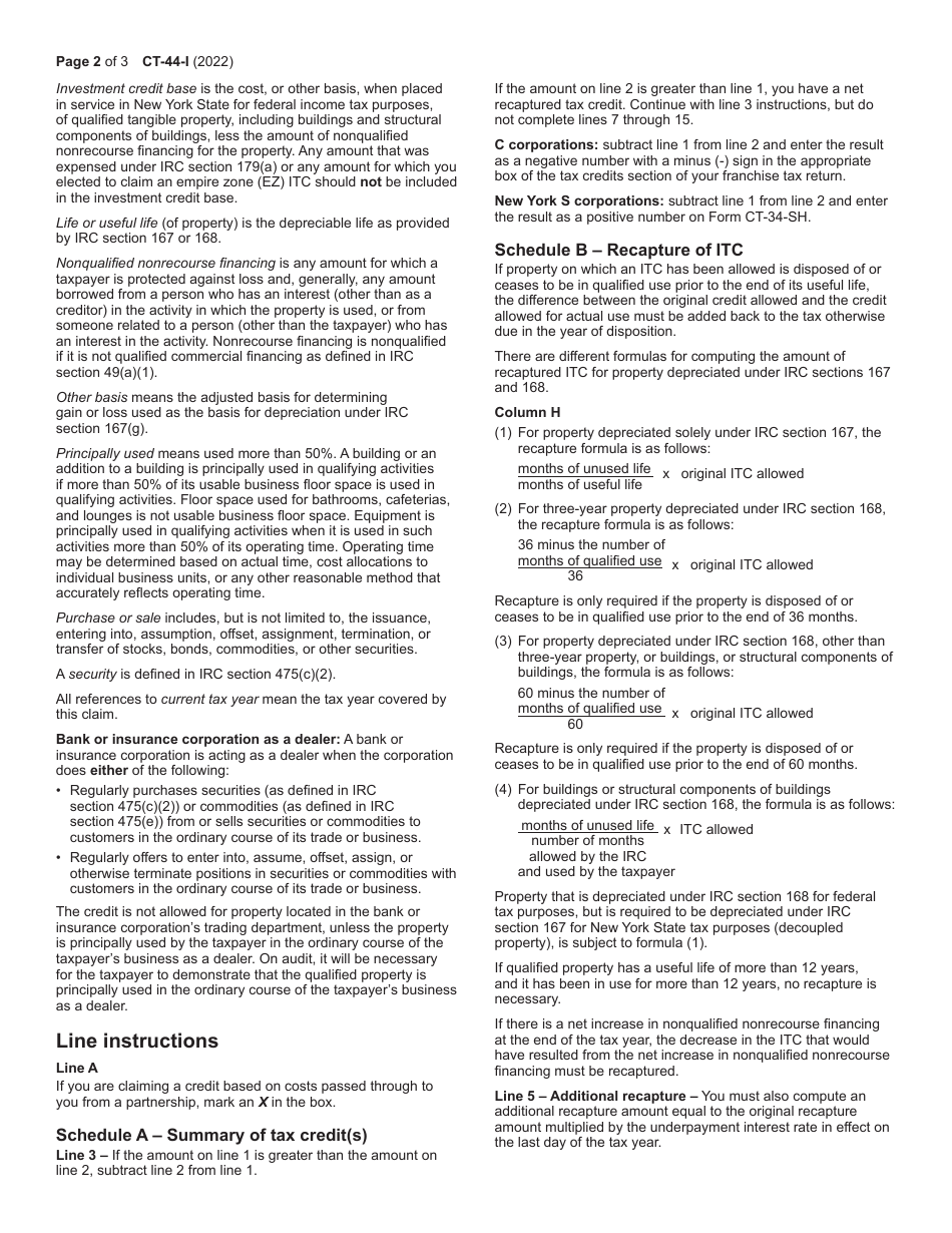 Instructions for Form CT-44 Claim for Investment Tax Credit for the Financial Services Industry - New York, Page 2
