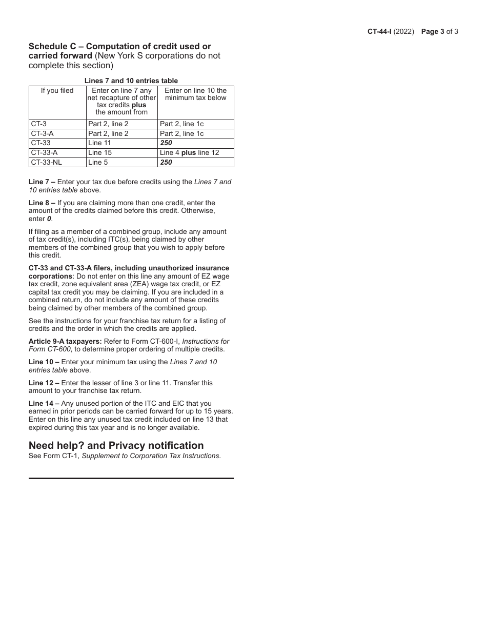Instructions for Form CT-44 Claim for Investment Tax Credit for the Financial Services Industry - New York, Page 3