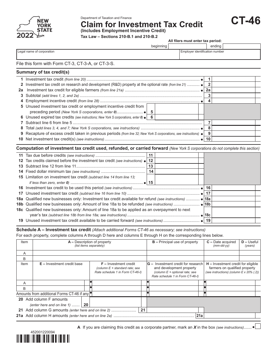 Form CT-46 Claim for Investment Tax Credit (Includes Employment Incentive Credit) - New York, Page 1
