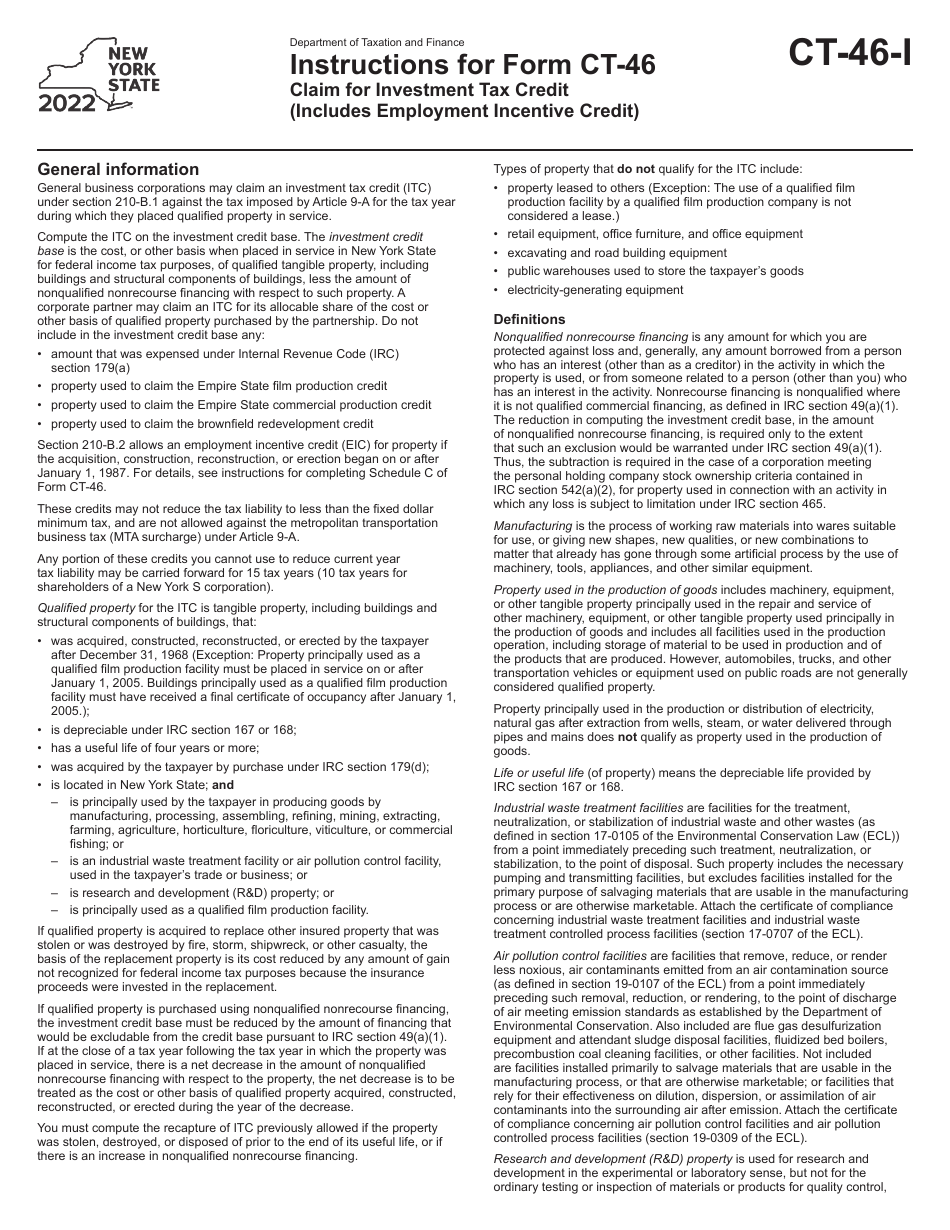 Instructions for Form CT-46 Claim for Investment Tax Credit (Includes Employment Incentive Credit) - New York, Page 1