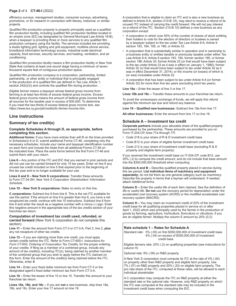 Instructions for Form CT-46 Claim for Investment Tax Credit (Includes Employment Incentive Credit) - New York, Page 2