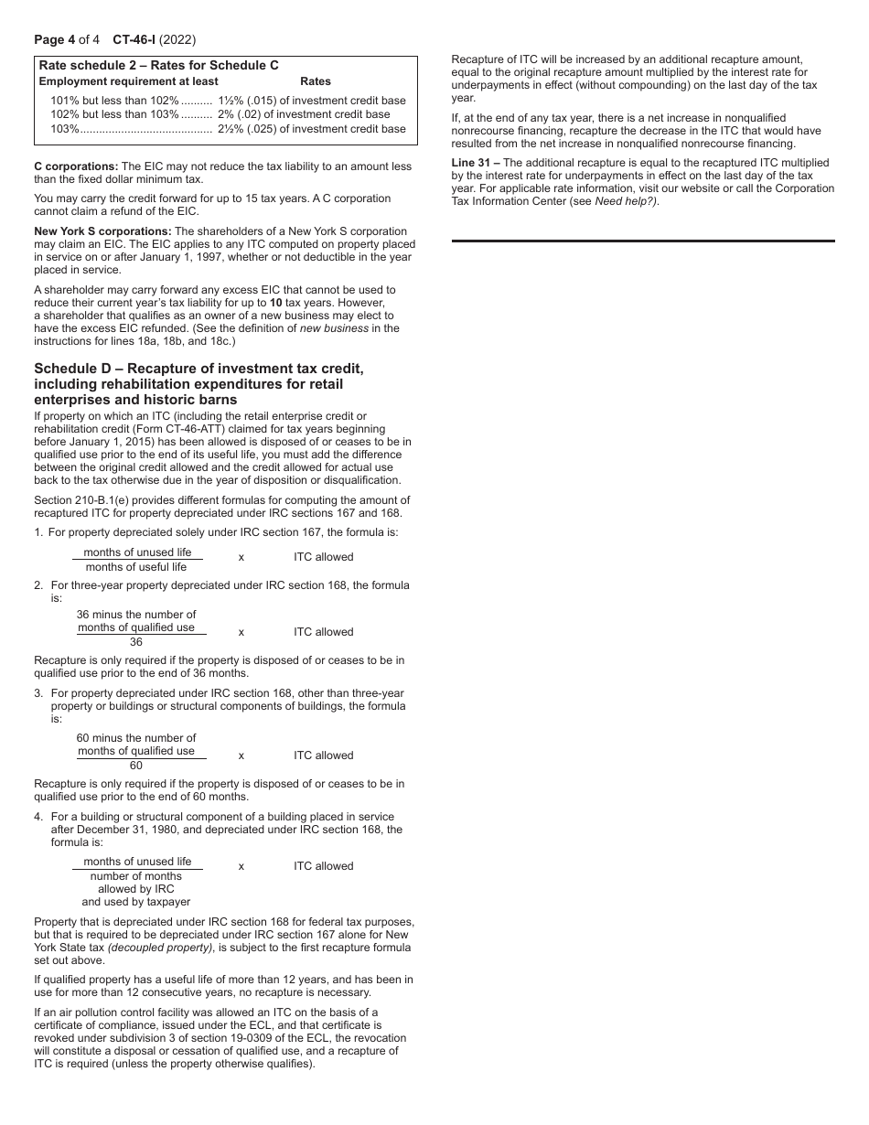 Instructions for Form CT-46 Claim for Investment Tax Credit (Includes Employment Incentive Credit) - New York, Page 4