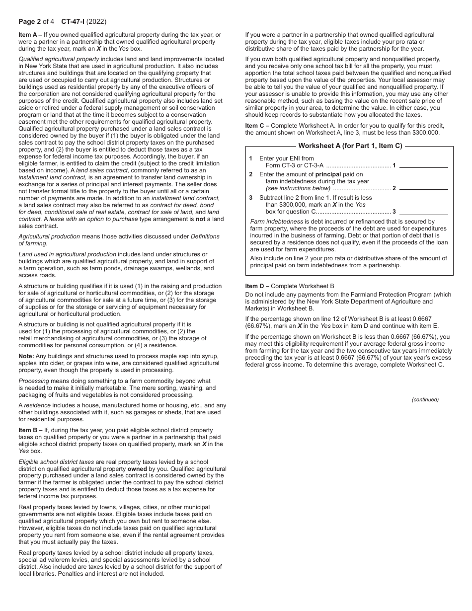 Instructions for Form CT-47 Claim for Farmers School Tax Credit - New York, Page 2