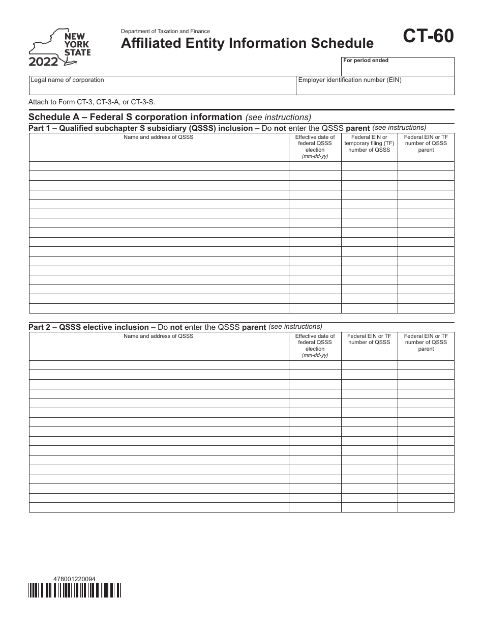 Form CT-60 Affiliated Entity Information Schedule - New York, Page 1