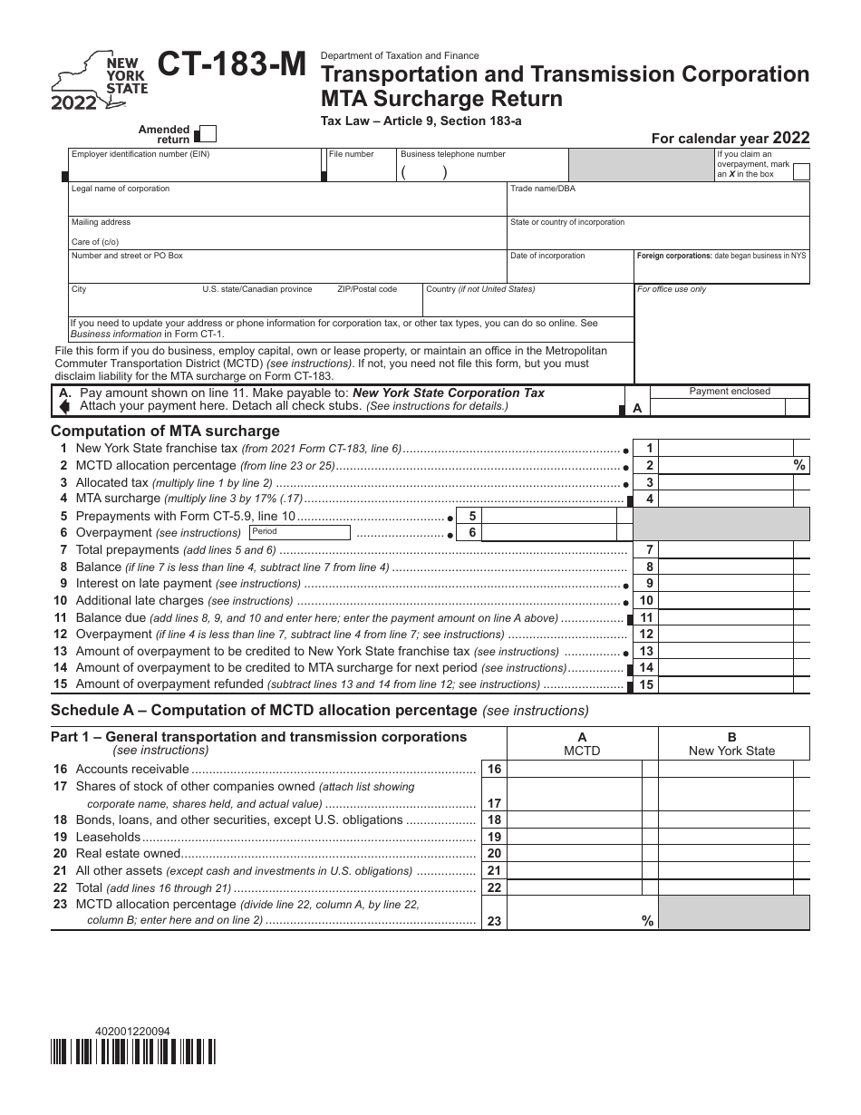 Form Ct 183 M Download Fillable Pdf Or Fill Online Transportation And Transmission Corporation 6635