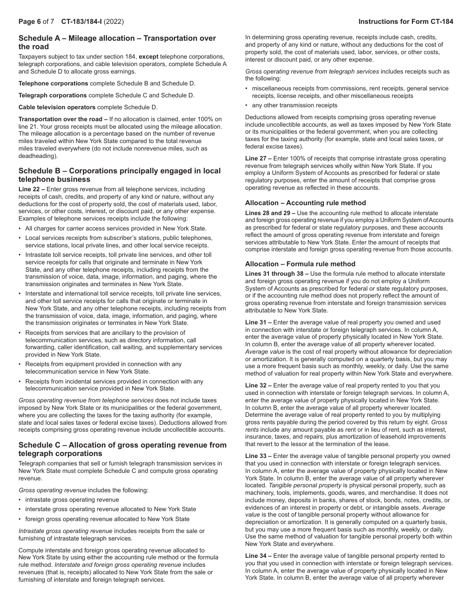Instructions for Form CT-183, CT-184 - New York, Page 6