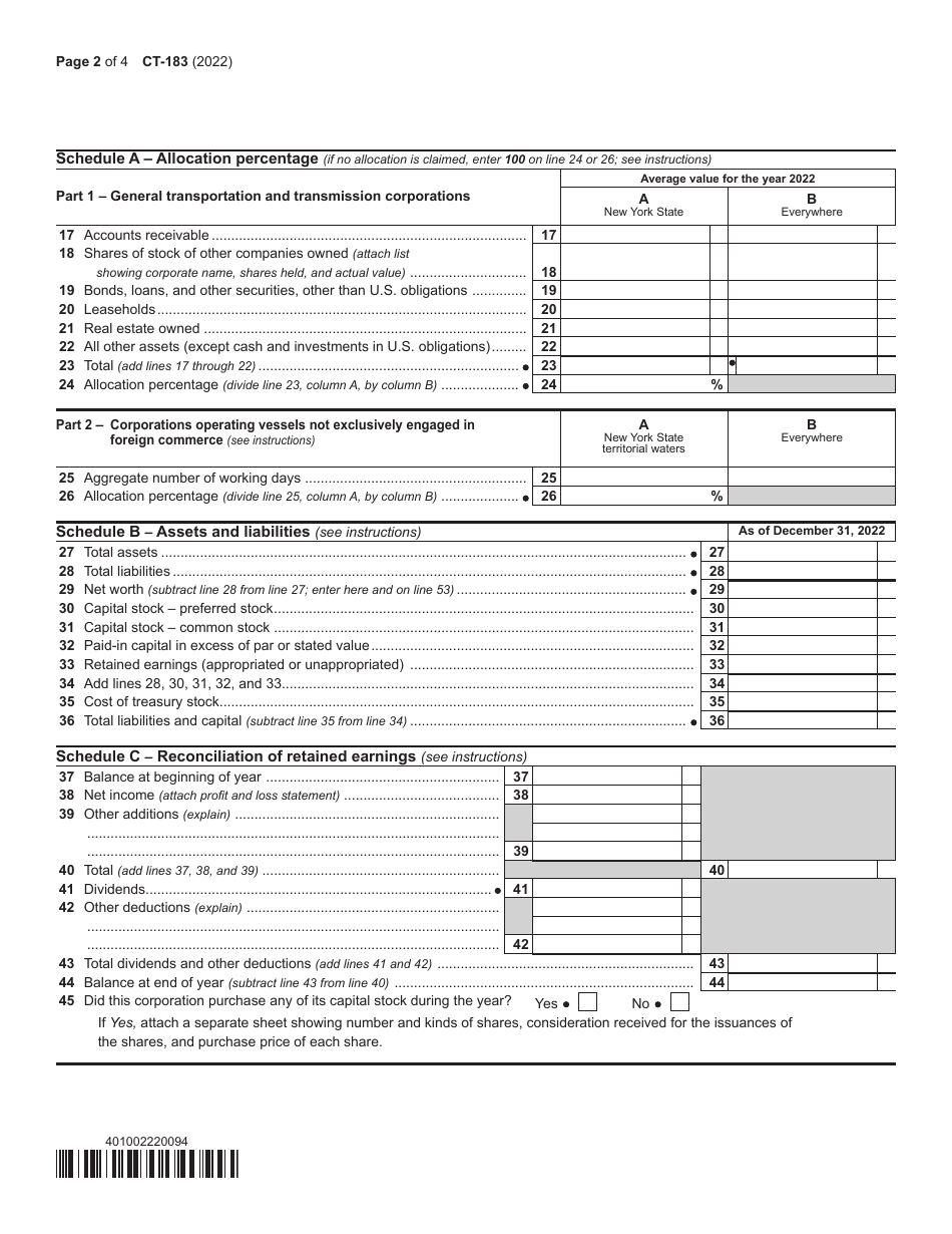 Form CT-183 Transportation and Transmission Corporation Franchise Tax Return on Capital Stock - New York, Page 2