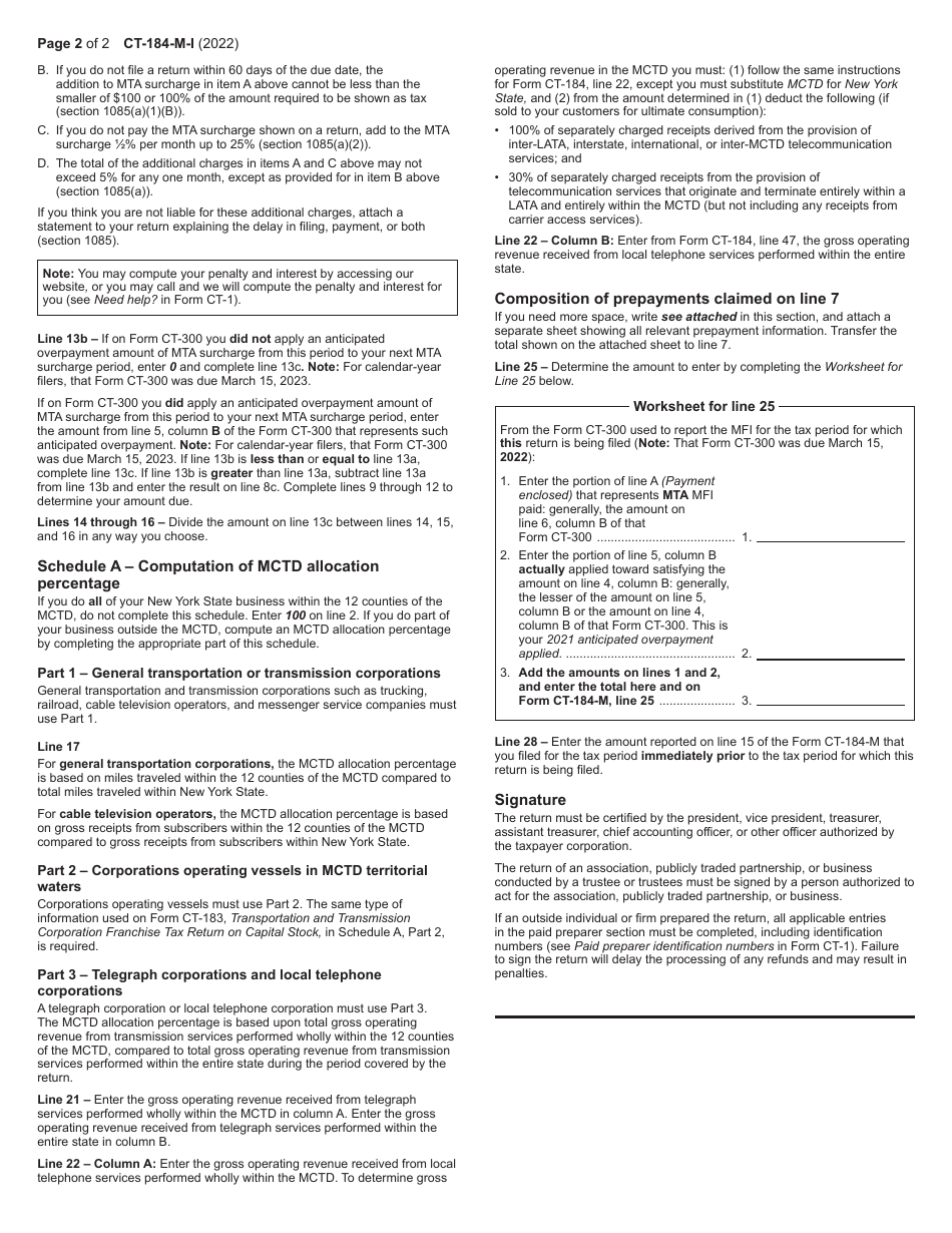 Instructions for Form CT-184-M Transportation and Transmission Corporation Mta Surcharge Return - New York, Page 2