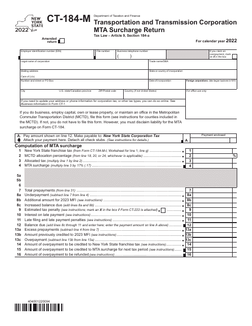 Form CT-184-M 2022 Printable Pdf