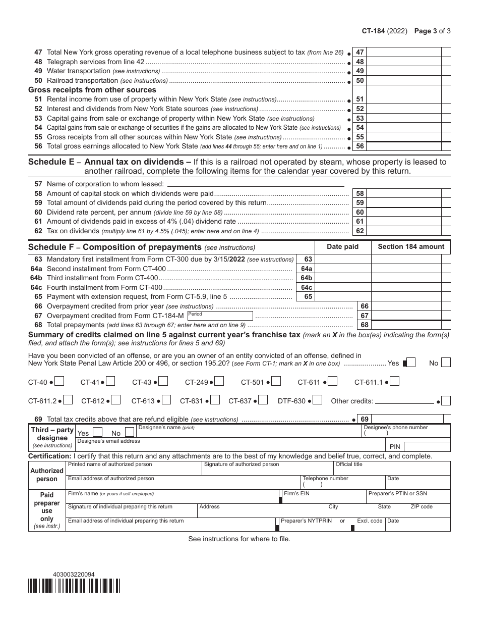 Form CT-184 Transportation and Transmission Corporation Franchise Tax Return on Gross Earnings - New York, Page 3