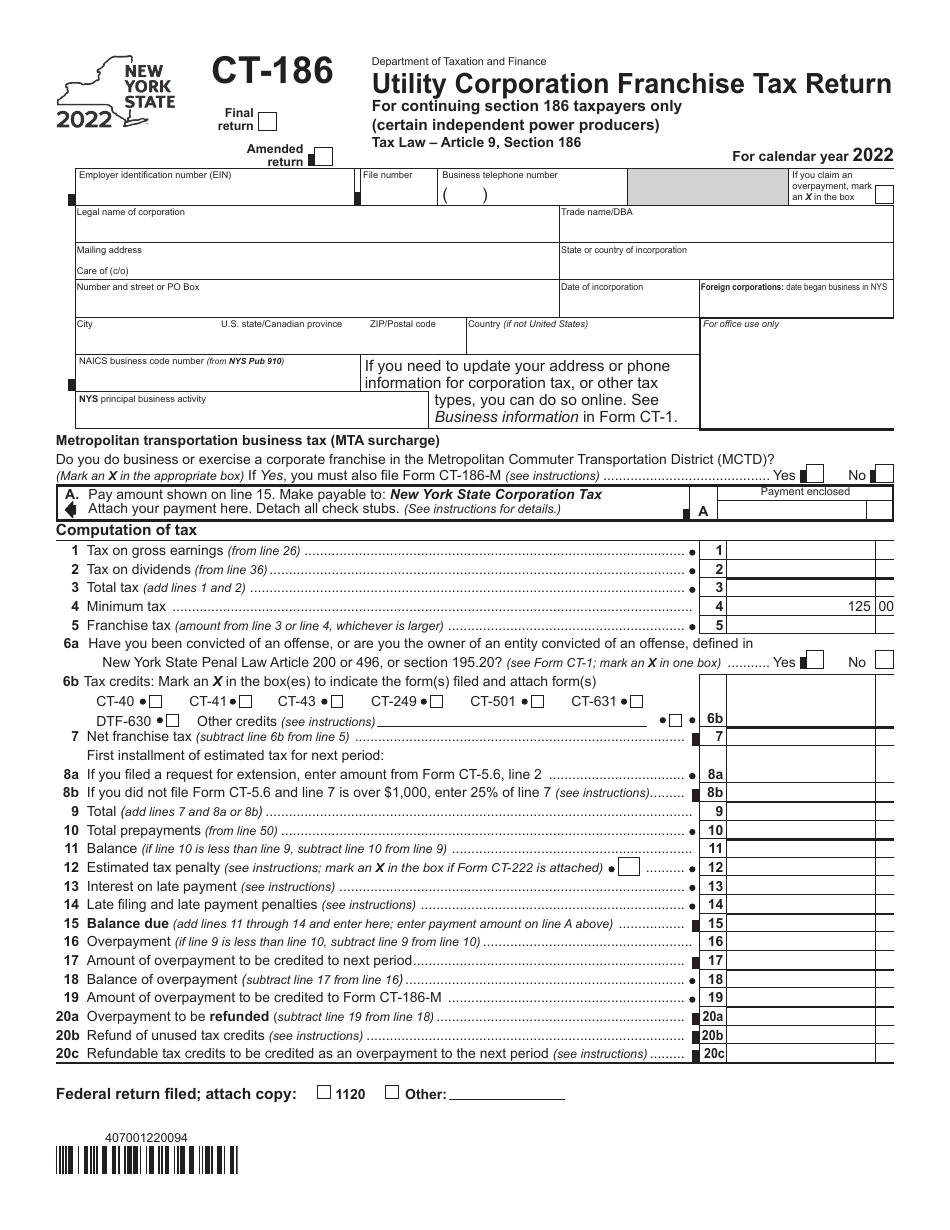 Form CT-186 Utility Corporation Franchise Tax Return for Continuing Section 186 Taxpayers Only (Certain Independent Power Producers) - New York, Page 1